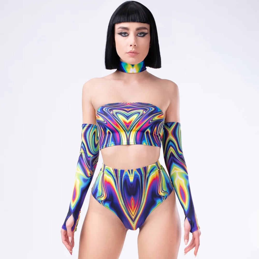 Badinka Jaded Liquid 4 piece Rave Set Top M Bottoms S Gloves S/M
